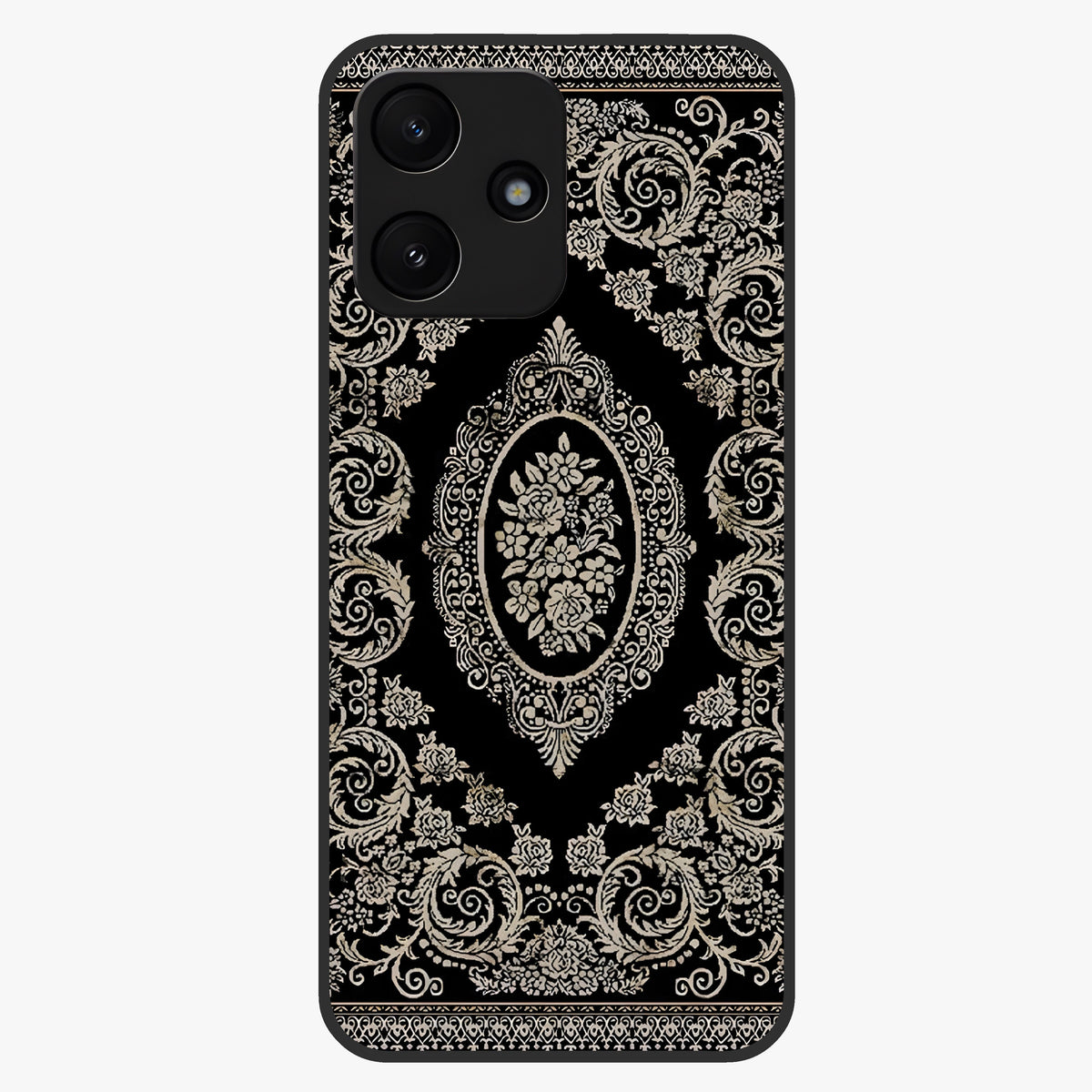 Noir Bloom Elegance Glass Case showing flat back view with elegant dark floral artwork and glossy glass finish.