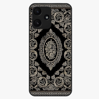 Noir Bloom Elegance Glass Case showing flat back view with elegant dark floral artwork and glossy glass finish.