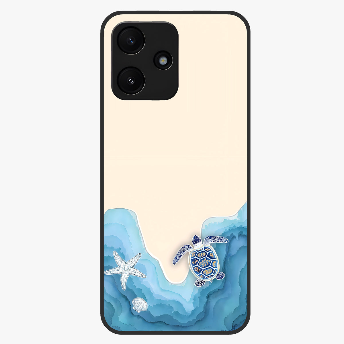 Ocean Drift Turtle Glass Case showing flat back view with sea turtle artwork and glossy glass finish.