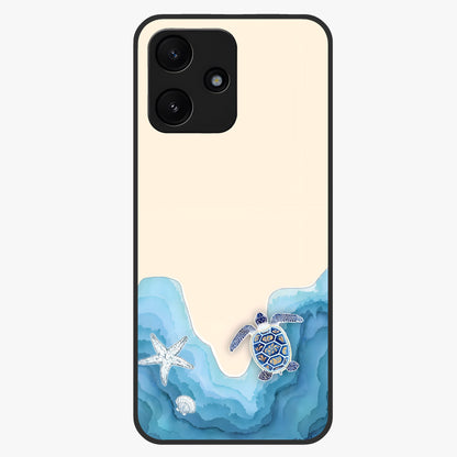 Ocean Drift Turtle Glass Case showing flat back view with sea turtle artwork and glossy glass finish.