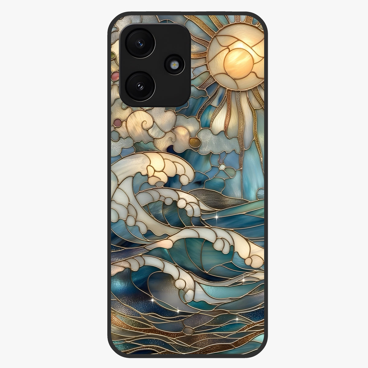 Oceanic Stained Printed Glass Case showing flat back view with ocean inspired stained pattern artwork and glossy glass finish.