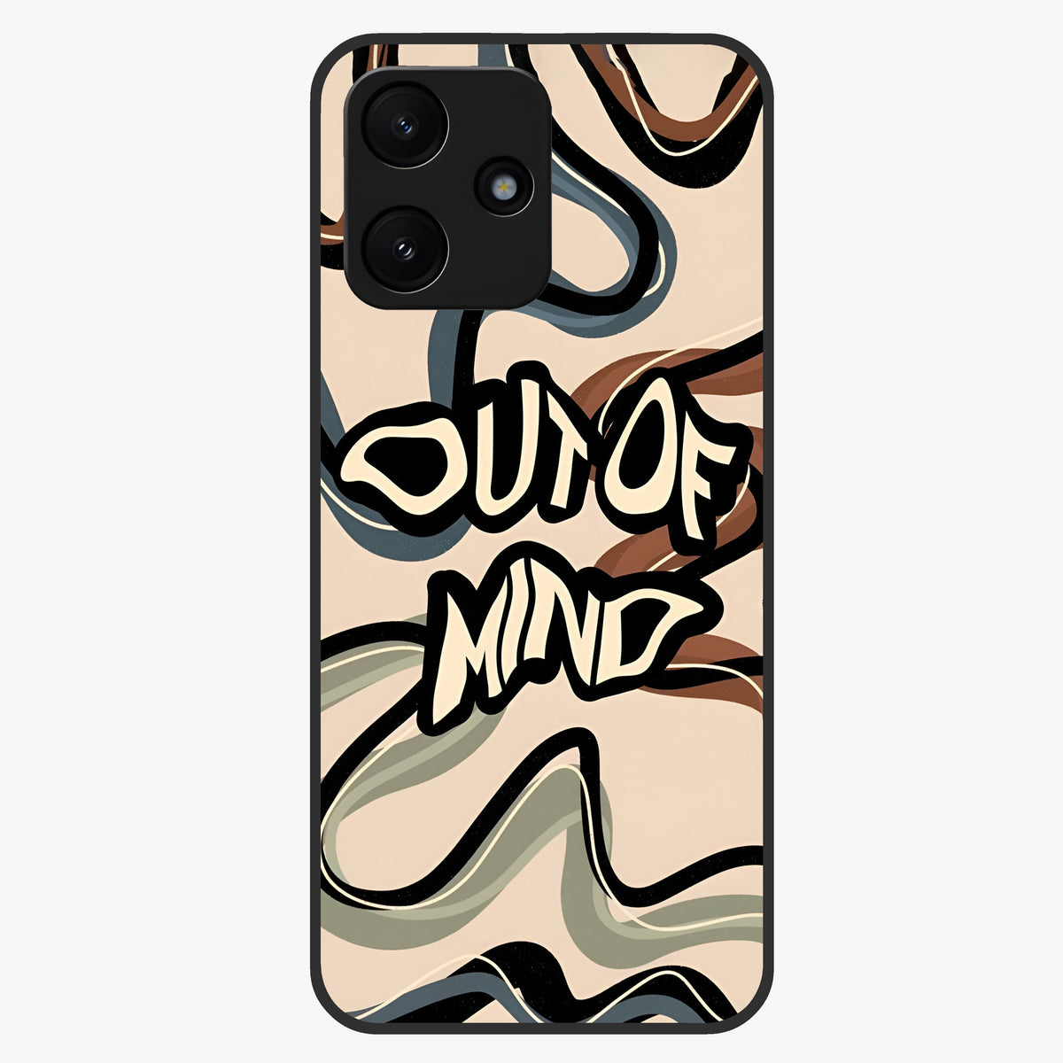 Out Of Mind Glass Case showing flat back view with expressive typography artwork and glossy glass finish.