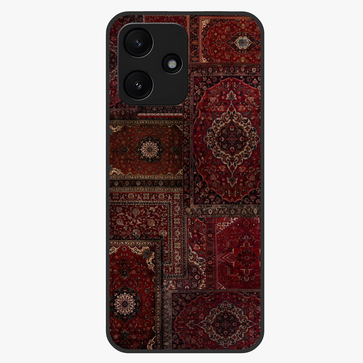 Persian Velvet Tale Glass Case showing flat back view with luxurious Persian velvet pattern artwork and glossy glass finish.