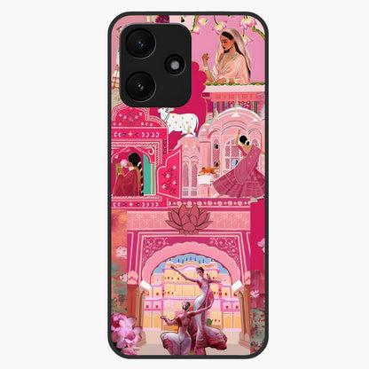 Pink Palace Muse Glass Case showing flat back view with elegant palace inspired artwork and glossy glass finish.