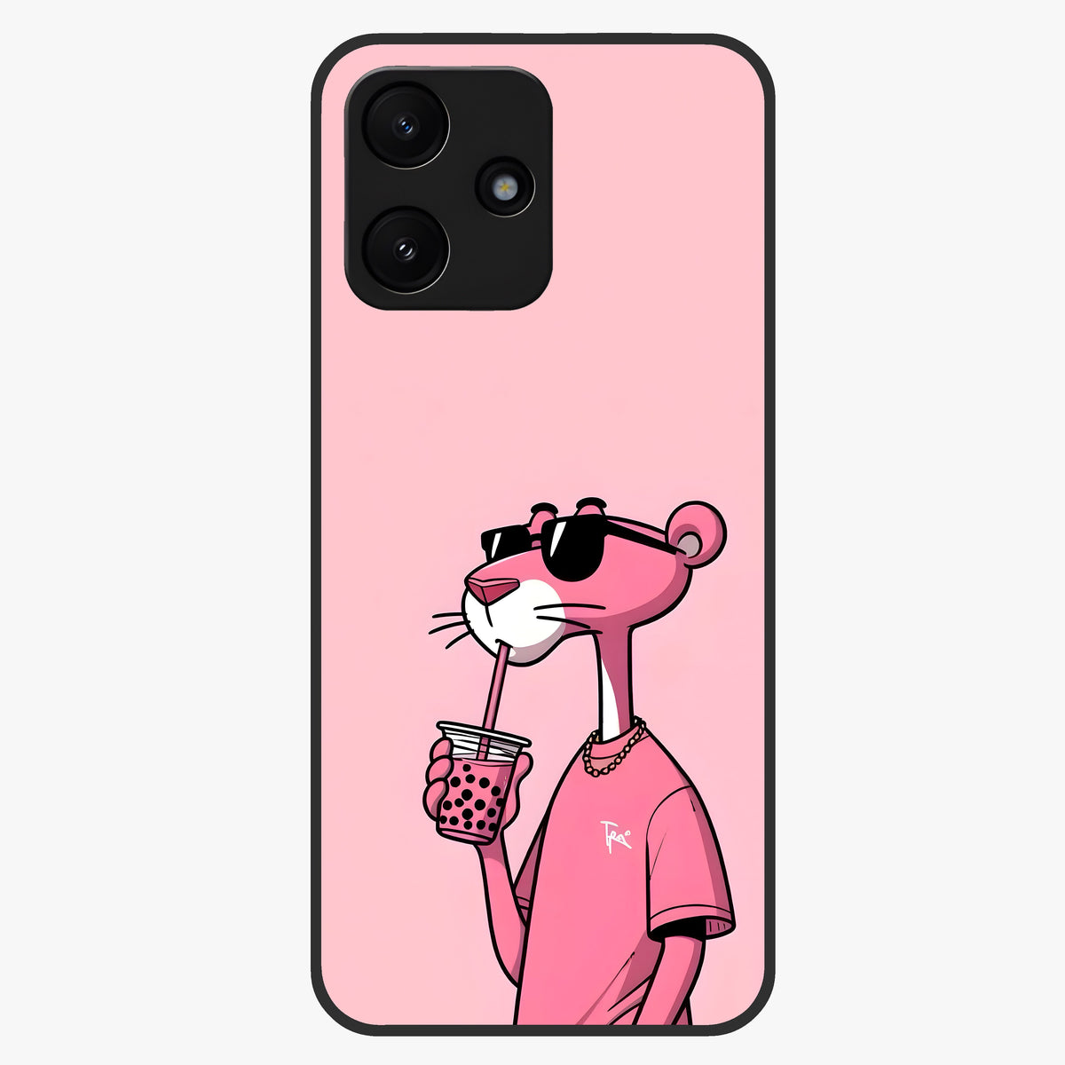Pink Panther Glass Case showing flat back view with iconic pink panther artwork and glossy glass finish.