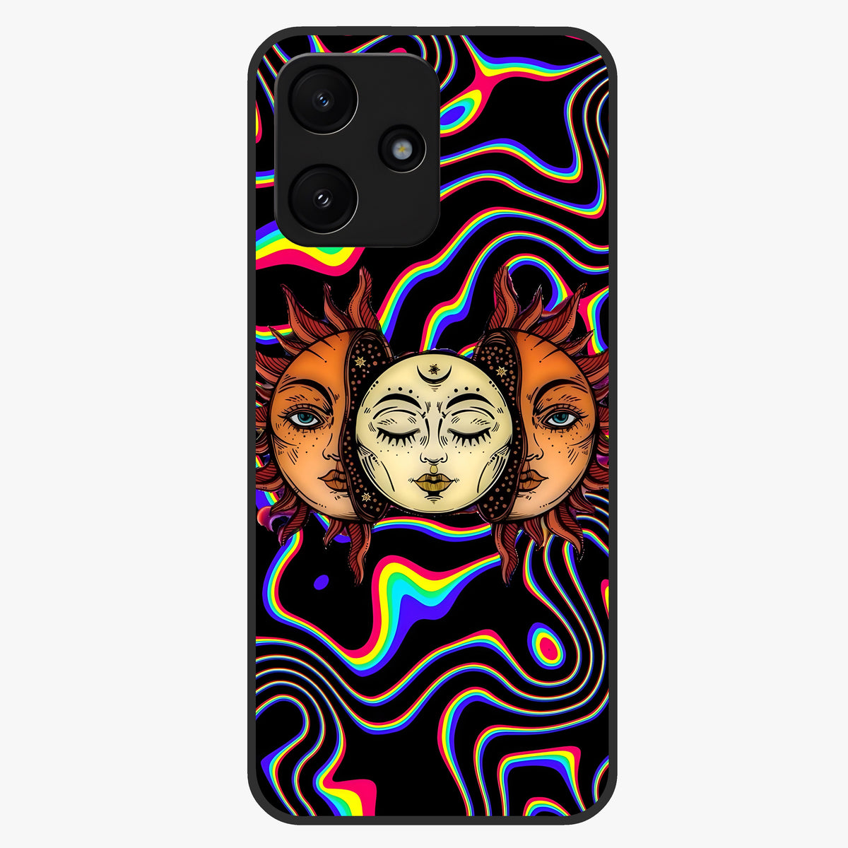 Psychedelic Sun Glass Case showing flat back view with colorful psychedelic sun artwork and glossy glass finish.
