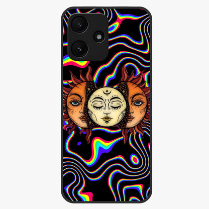 Psychedelic Sun Glass Case showing flat back view with colorful psychedelic sun artwork and glossy glass finish.