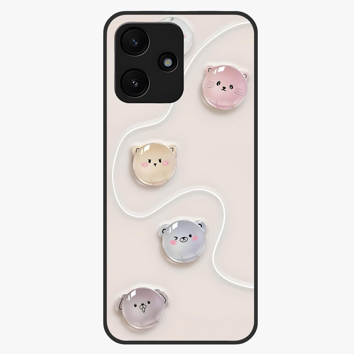 Puffy Face Parade Glass Case showing flat back view with cute puffy character faces artwork and glossy glass finish.