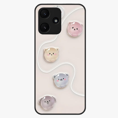 Puffy Face Parade Glass Case showing flat back view with cute puffy character faces artwork and glossy glass finish.