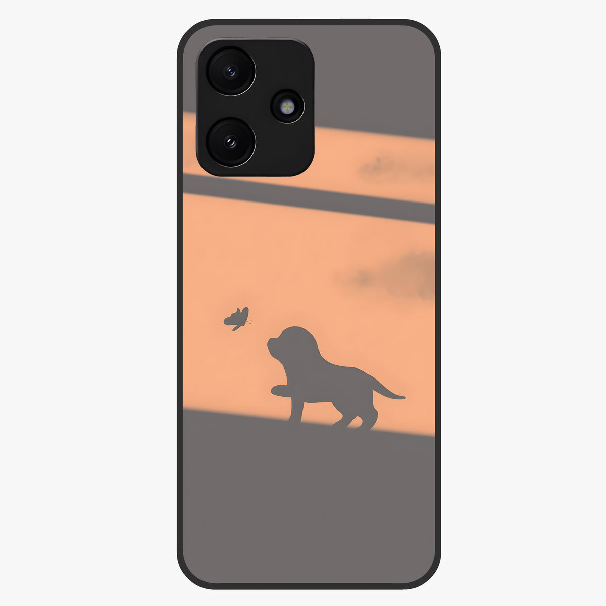 Puppy Shadow Art Glass Case showing flat back view with cute puppy shadow style artwork and glossy glass finish.