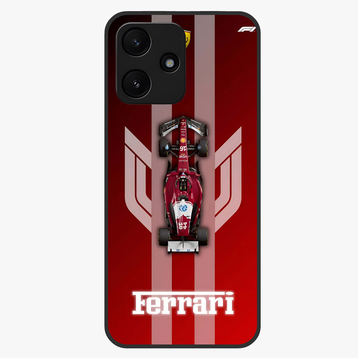Red Ferrari F1 Vertical Glass Case showing flat back view with sleek Formula racing car artwork and glossy glass finish.