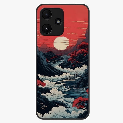 Red Sunset Scenery Glass Case showing flat back view with vibrant sunset landscape artwork and glossy glass finish.