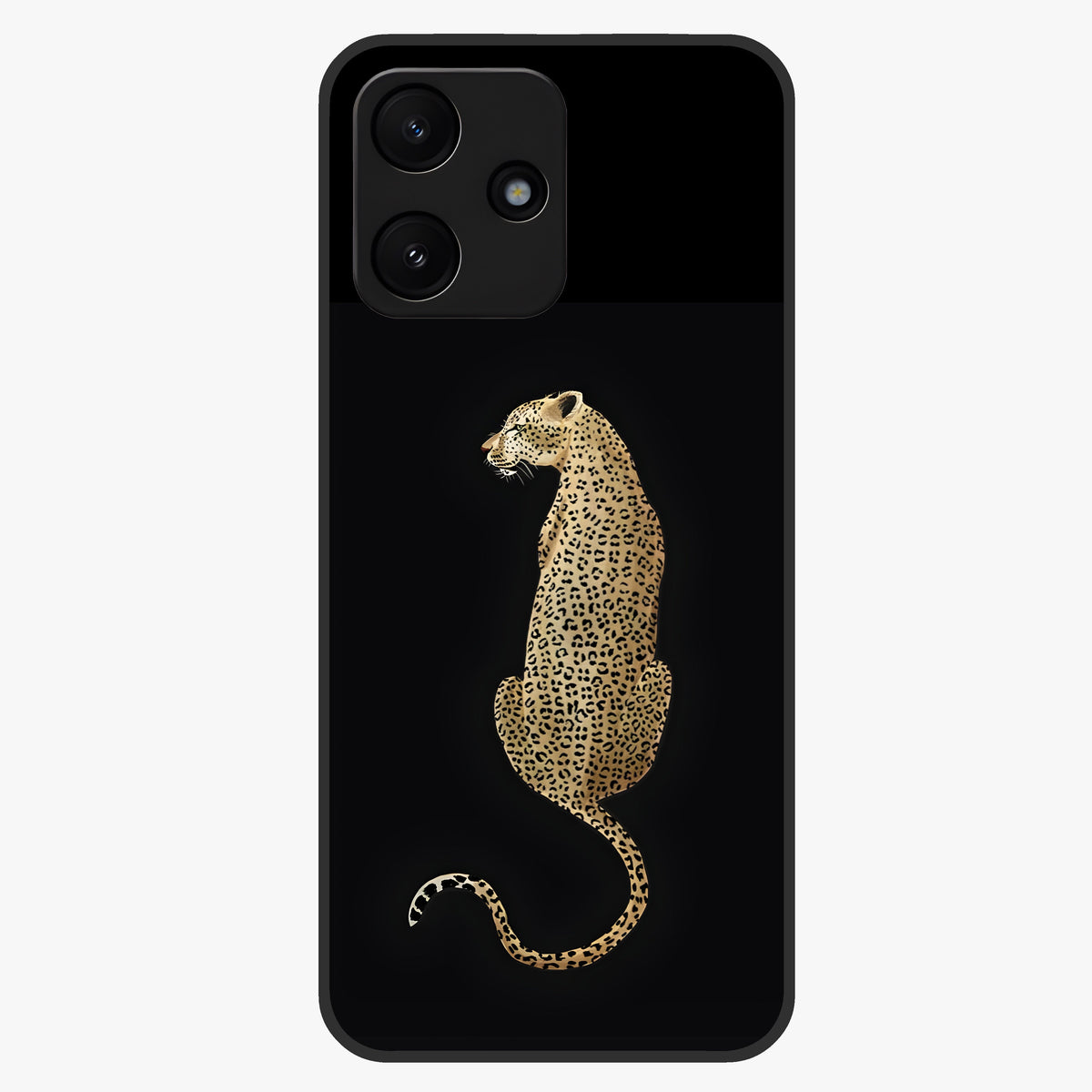 Regal Leopard Glass Case showing flat back view with bold leopard artwork and glossy glass finish.