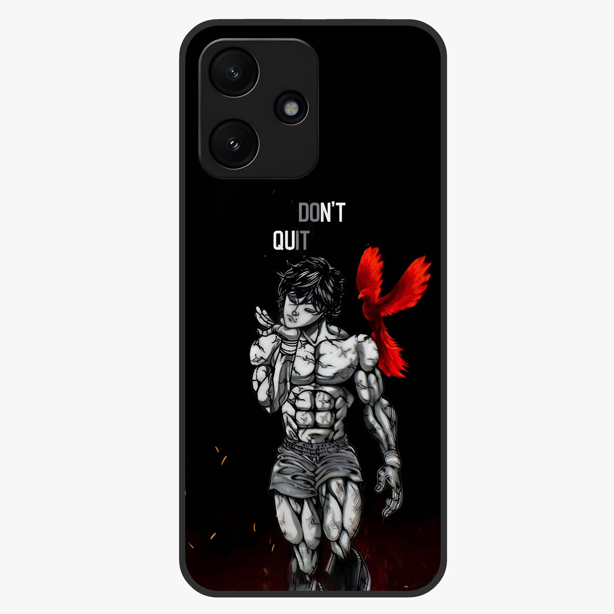 Rise Beyond Limits Glass Case showing flat back view with motivational typography artwork and glossy glass finish.