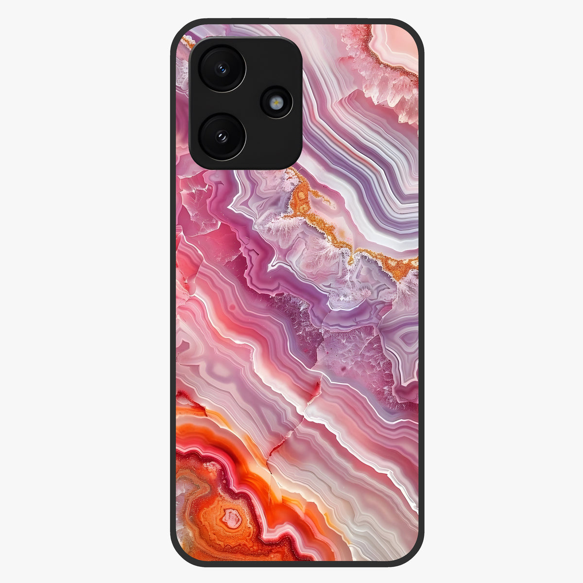 Rose Quartz Marble Glass Case showing flat back view with pink marble quartz texture artwork and glossy glass finish.
