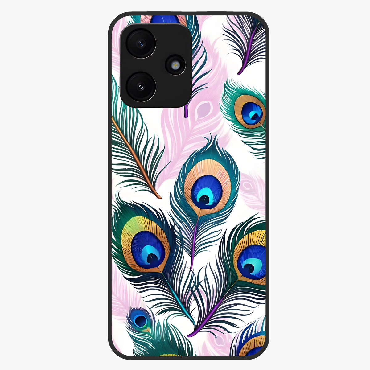 Royal Peacock Feathers Glass Case showing flat back view with colorful peacock feather artwork and glossy glass finish.