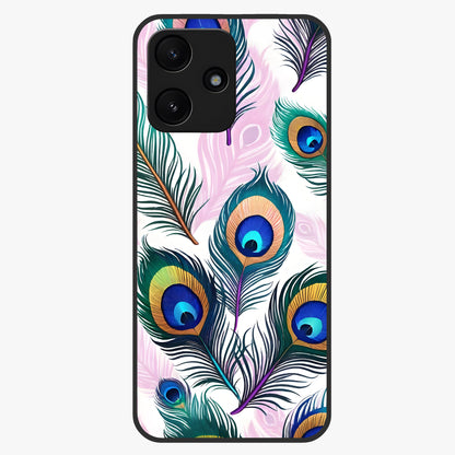 Royal Peacock Feathers Glass Case showing flat back view with colorful peacock feather artwork and glossy glass finish.