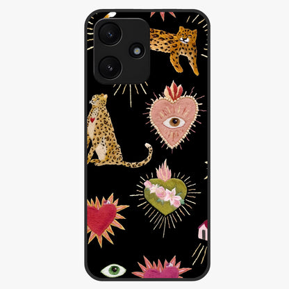 Sacred Jungle Heart Glass Case showing flat back view with jungle inspired heart artwork and glossy glass finish.