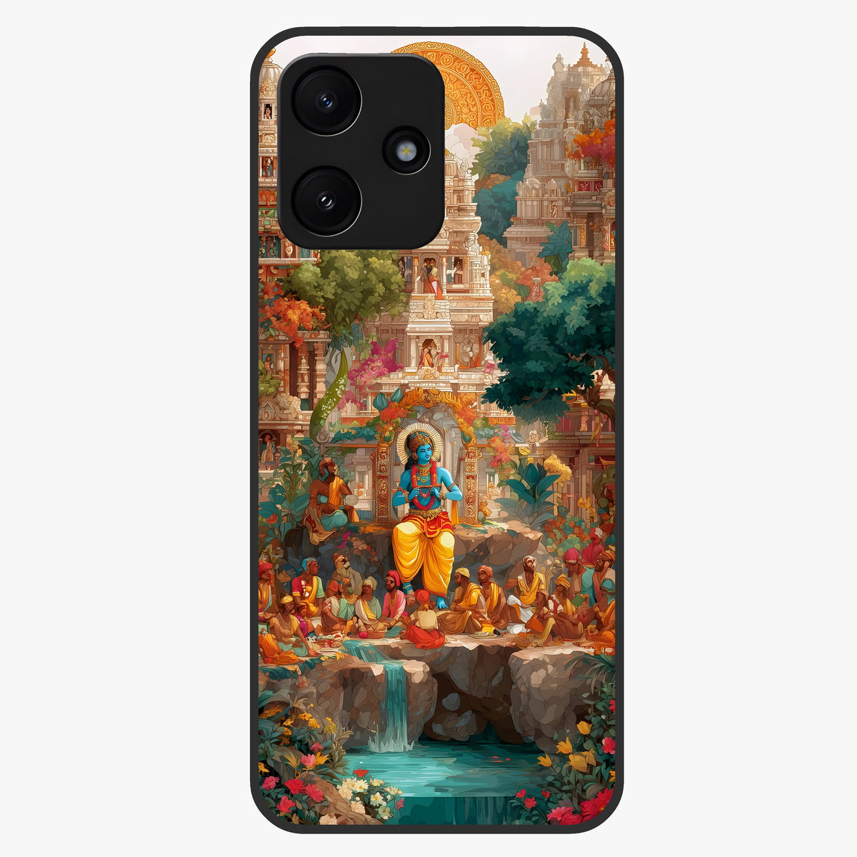 Sacred Sunlight Gods Glass Case showing flat back view with divine sunlight themed artwork and glossy glass finish.