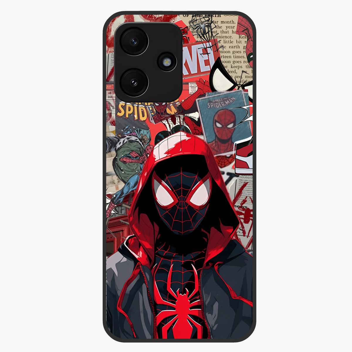 Spider Collage Street Glass Case showing flat back view with vibrant superhero collage artwork and glossy glass finish.