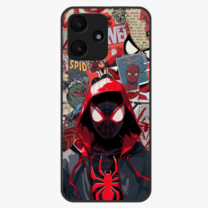Spider Collage Street Glass Case showing flat back view with vibrant superhero collage artwork and glossy glass finish.