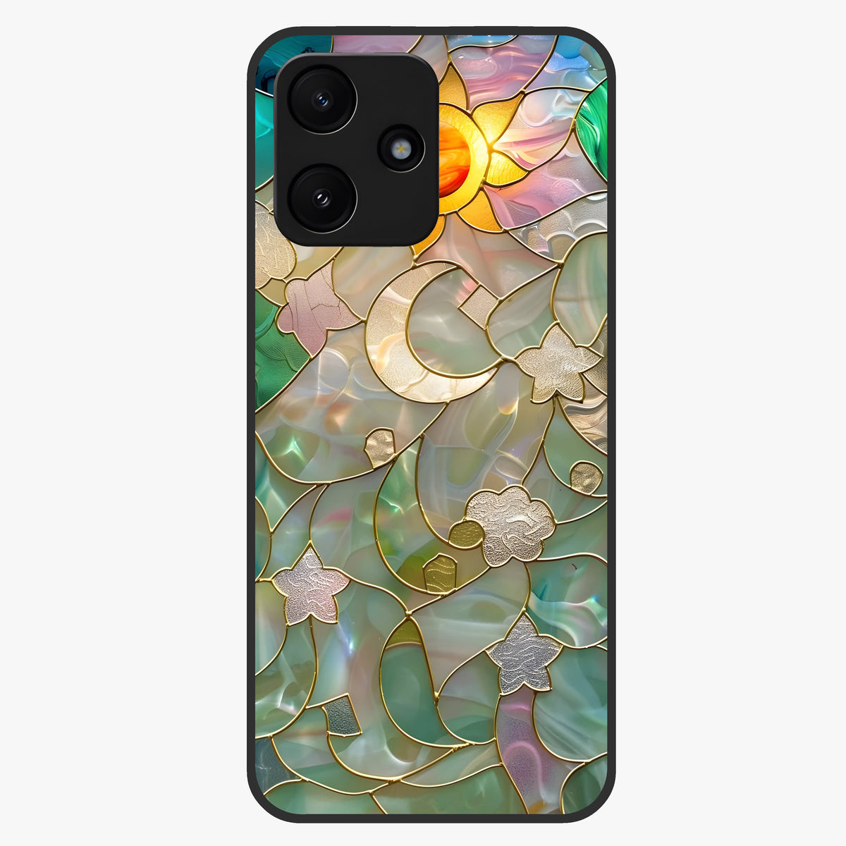 Stained Sunrise Glow Glass Case showing flat back view with glowing sunrise stained pattern artwork and glossy glass finish.