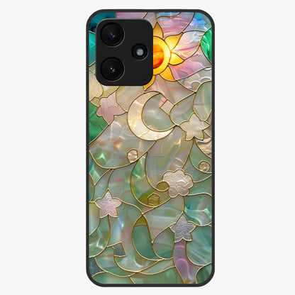 Stained Sunrise Glow Glass Case showing flat back view with glowing sunrise stained pattern artwork and glossy glass finish.