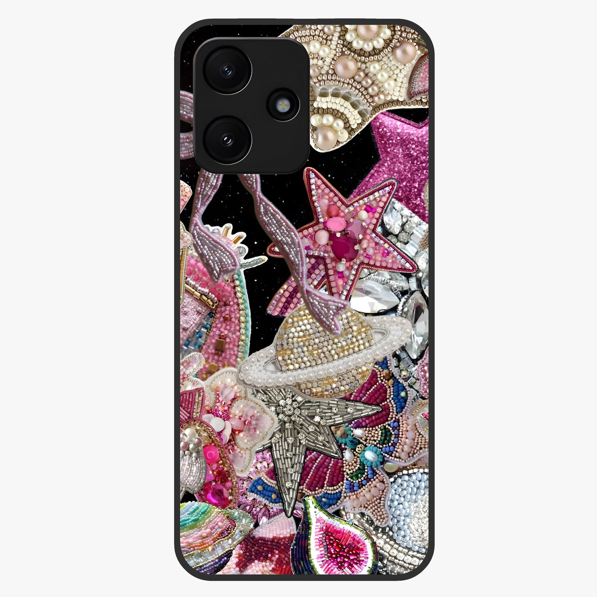 Starlit Jewel Dream Glass Case showing flat back view with sparkling jewel and star themed artwork and glossy glass finish.