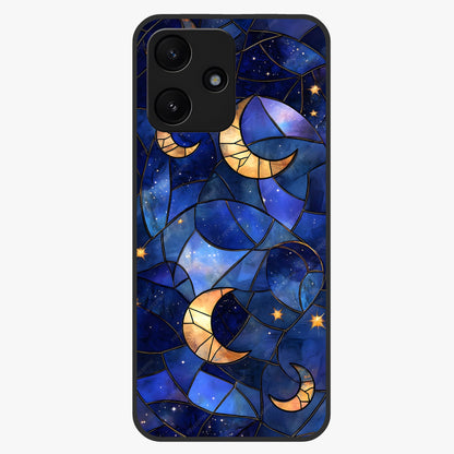 Starlit Sky Tapestry Glass Case showing flat back view with decorative starry sky tapestry artwork and glossy glass finish.