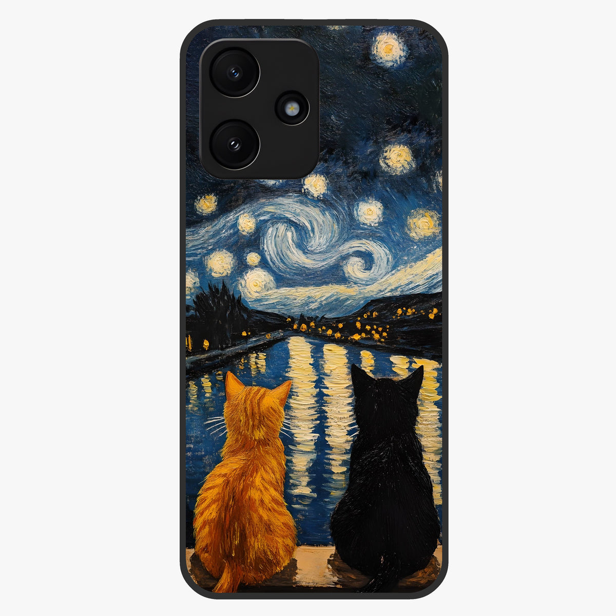 Starry River Cats Glass Case showing flat back view with cats by a starry river artwork and glossy glass finish.