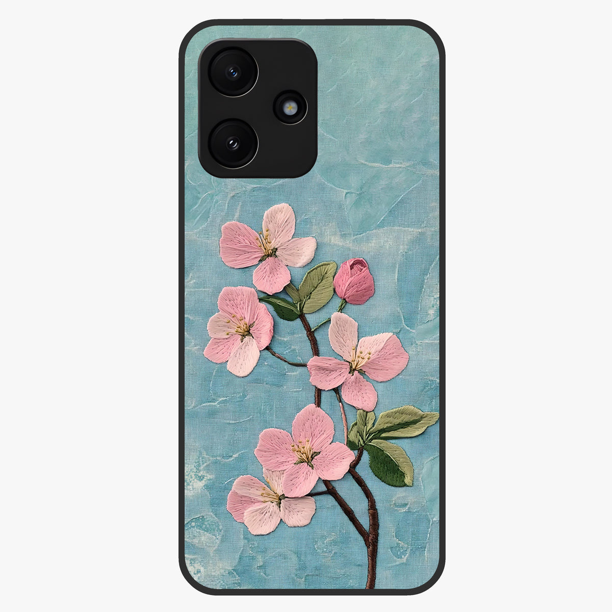 Threaded Blossom Breeze Glass Case showing flat back view with delicate blossom artwork and glossy glass finish.