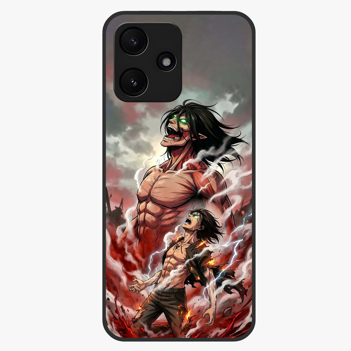 Titan Awakening Fury Glass Case showing flat back view with powerful titan inspired artwork and glossy glass finish.