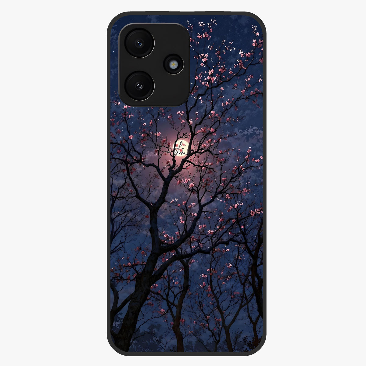 Twilight Sakura Serenade Glass Case showing flat back view with cherry blossom artwork at twilight and glossy glass finish.