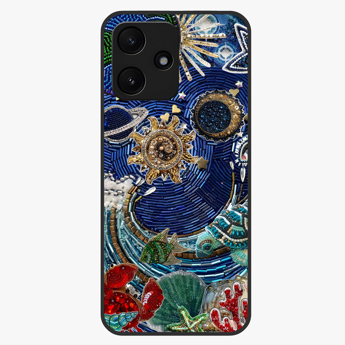 Universe Underwater Spark Glass Case showing flat back view with cosmic underwater themed artwork and glossy glass finish.