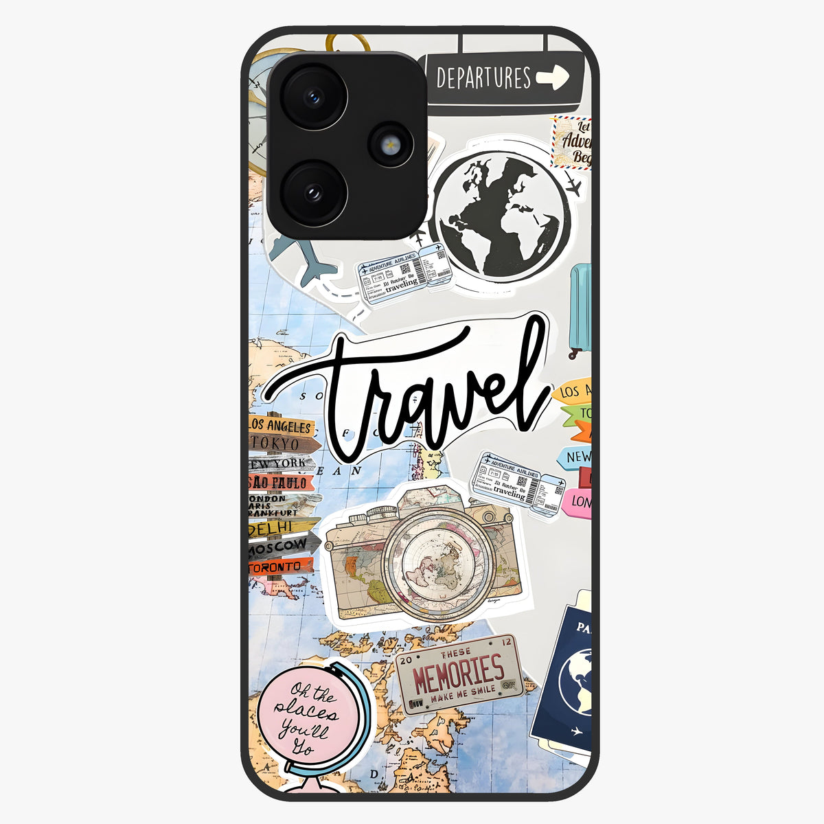 Wanderlust Journal Glass Case showing flat back view with travel inspired artwork and glossy glass finish.
