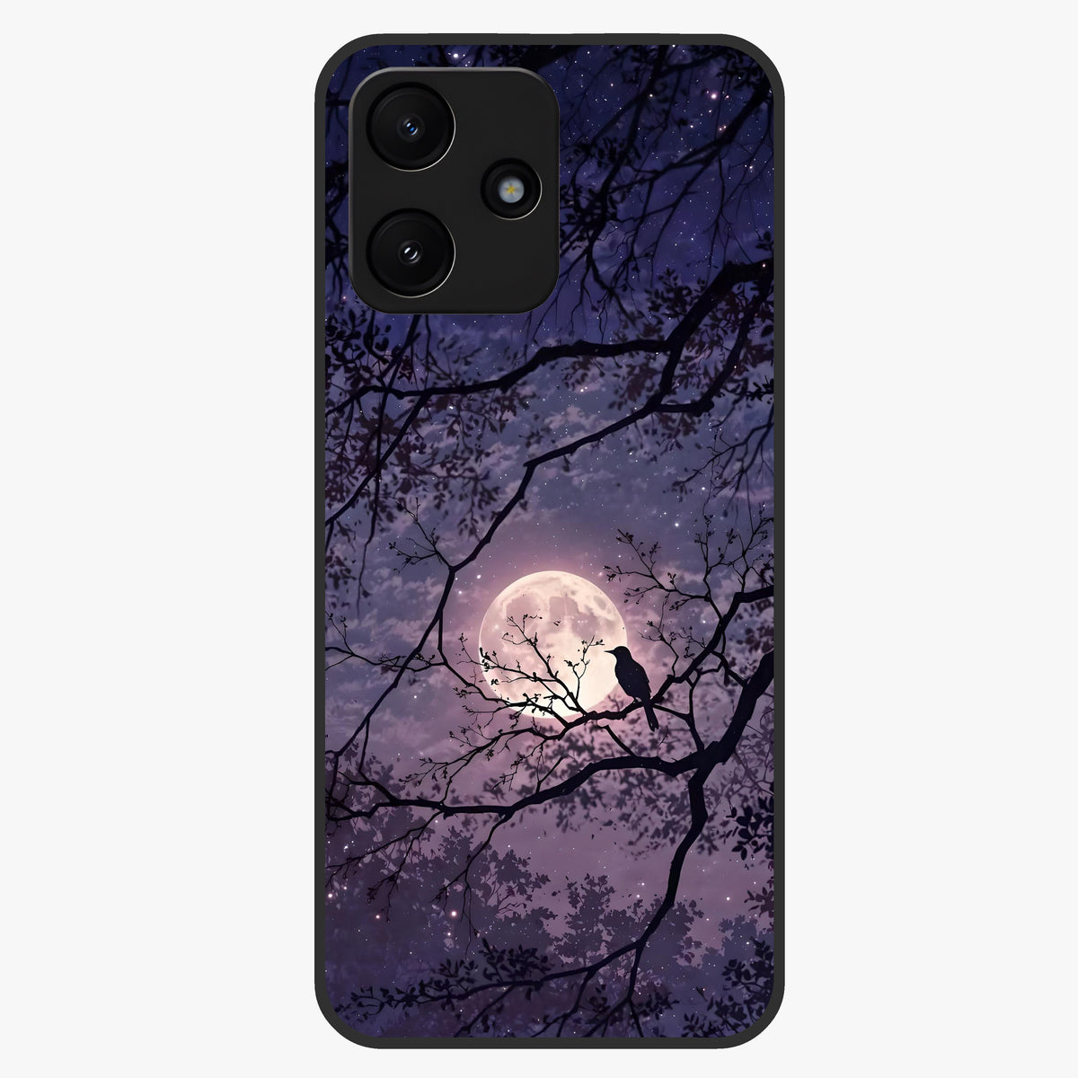 Whispering Moon Silence Glass Case showing flat back view with serene moon themed artwork and glossy glass finish.