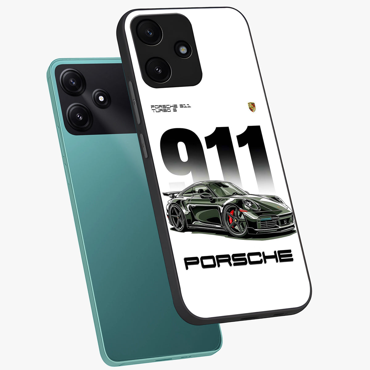 911 Turbo Dominance Glass Case displayed in premium angled mockup highlighting sporty car illustration and sleek glass surface.