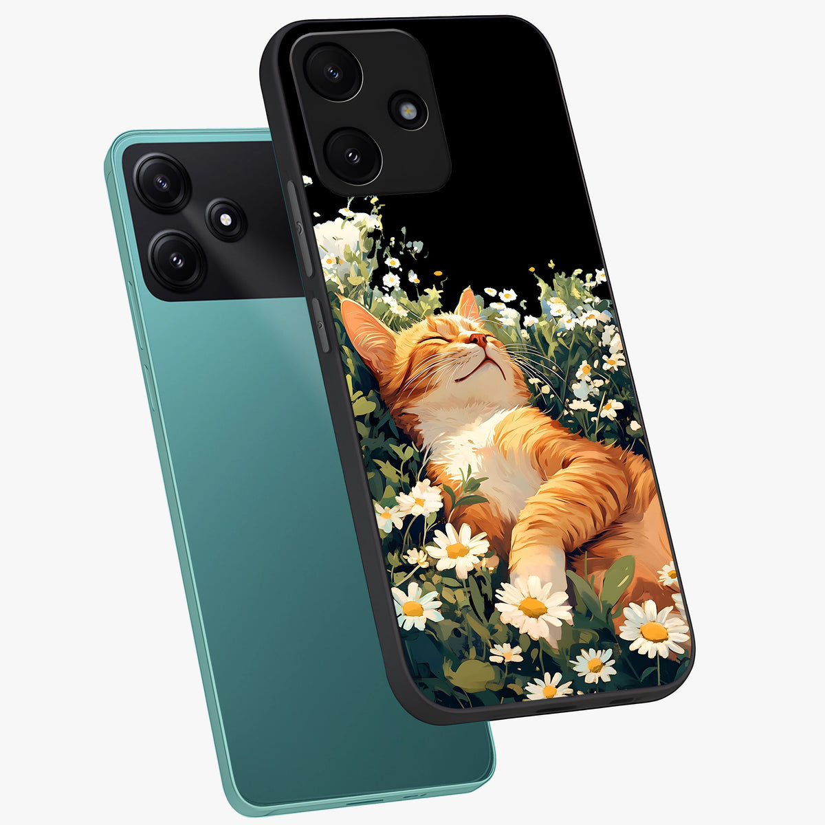 Blissful Bloom Cat Glass Case displayed in angled mockup highlighting playful feline illustration with soft floral aesthetic.