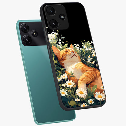 Blissful Bloom Cat Glass Case displayed in angled mockup highlighting playful feline illustration with soft floral aesthetic.