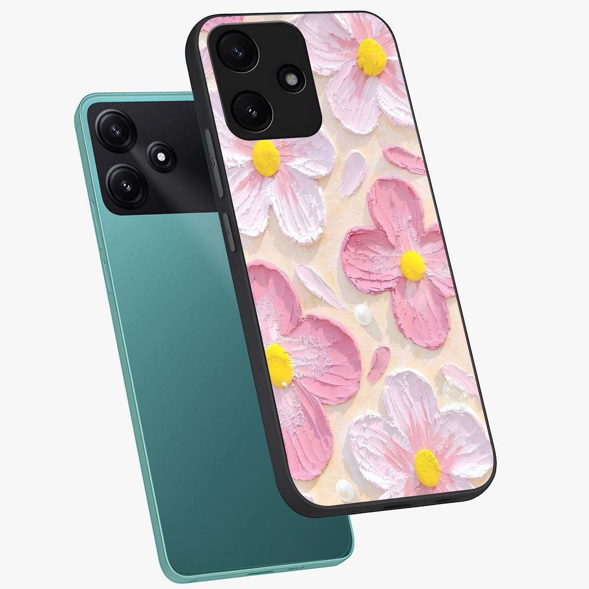 Blush Bloom Texture Glass Case displayed in angled mockup highlighting subtle bloom pattern with aesthetic pastel design.