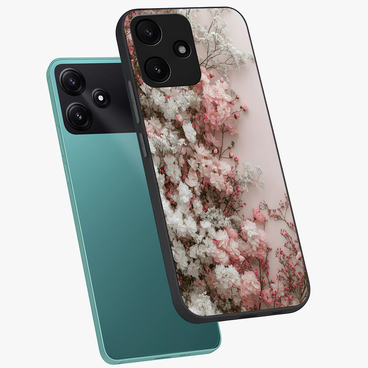 Blush Blossom Cloud Glass Case displayed in angled mockup highlighting soft cloud and blossom design with pastel aesthetic.