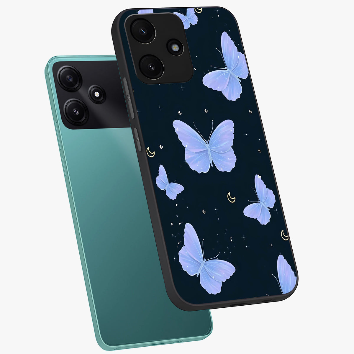 Butterfly With Stars Pattern Glass Case displayed in angled mockup highlighting dreamy butterfly and star design with aesthetic theme.