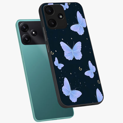 Butterfly With Stars Pattern Glass Case displayed in angled mockup highlighting dreamy butterfly and star design with aesthetic theme.
