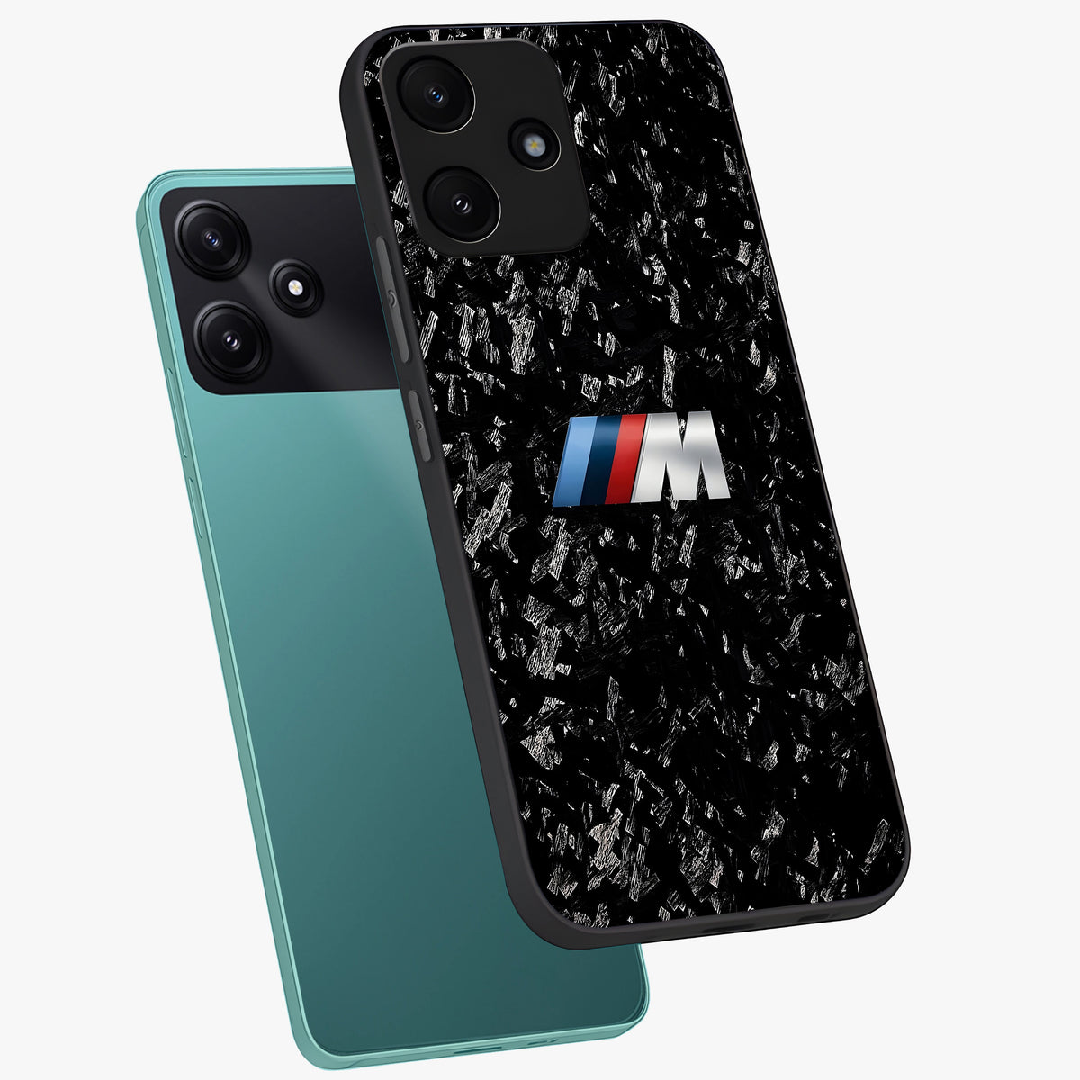 Carbon Speed Mark Glass Case displayed in angled mockup highlighting racing inspired carbon design and sleek aesthetic style.