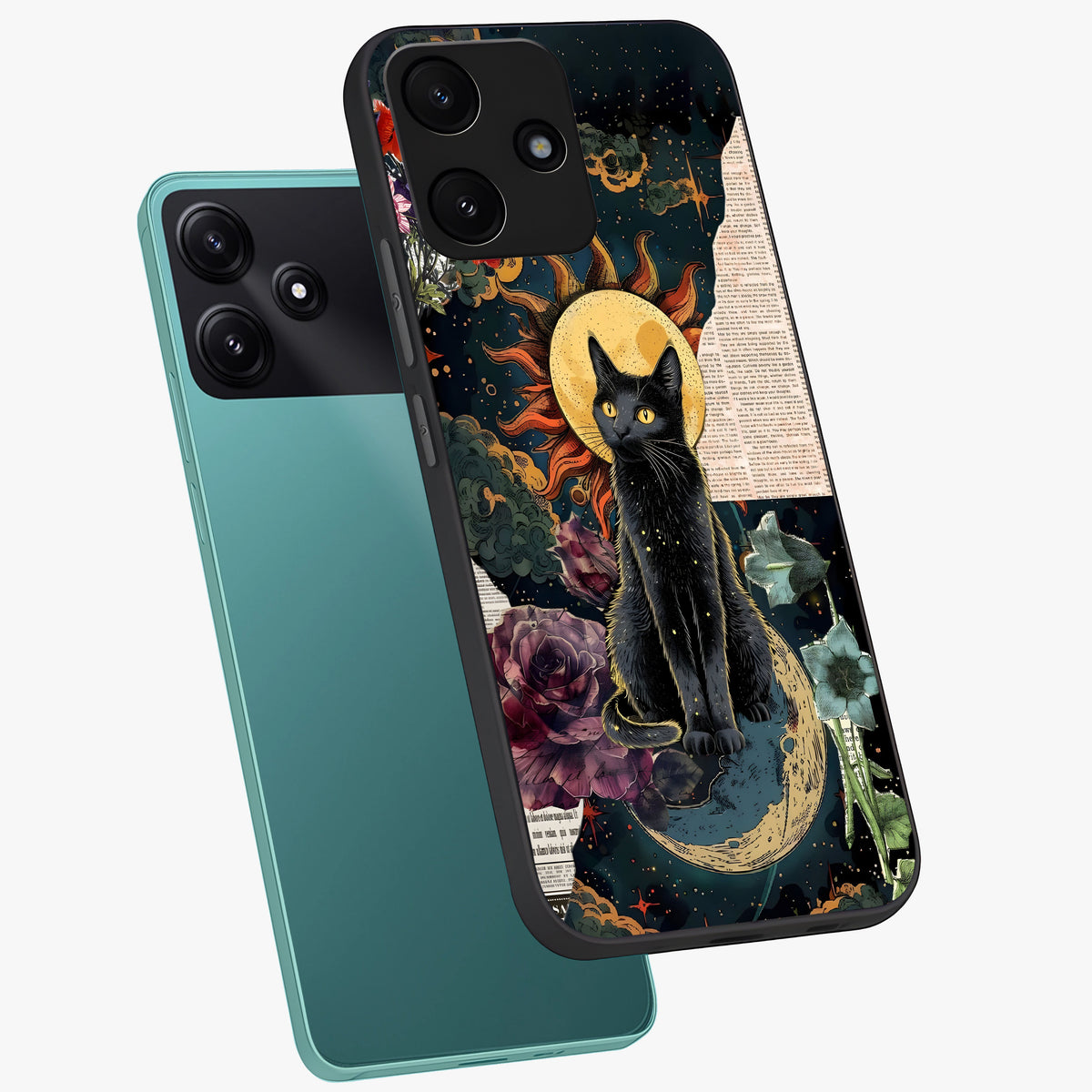 Celestial Black Cat Glass Case displayed in angled mockup highlighting cosmic black cat design with celestial aesthetic.