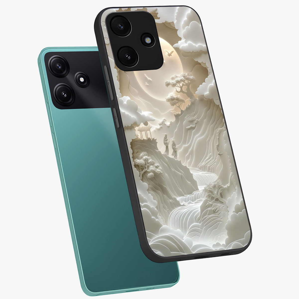 Celestial Origami Glass Case displayed in angled mockup highlighting geometric origami design with cosmic aesthetic theme.