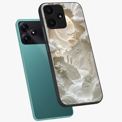 Celestial Origami Glass Case displayed in angled mockup highlighting geometric origami design with cosmic aesthetic theme.