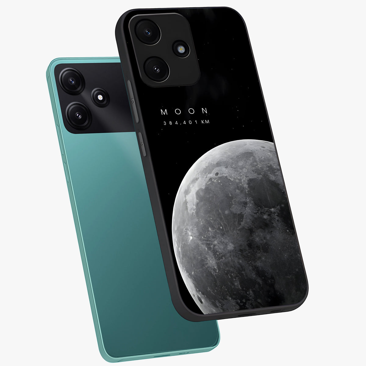 Cosmic Moon Glow Glass Case displayed in angled mockup highlighting celestial moon design with cosmic aesthetic theme.
