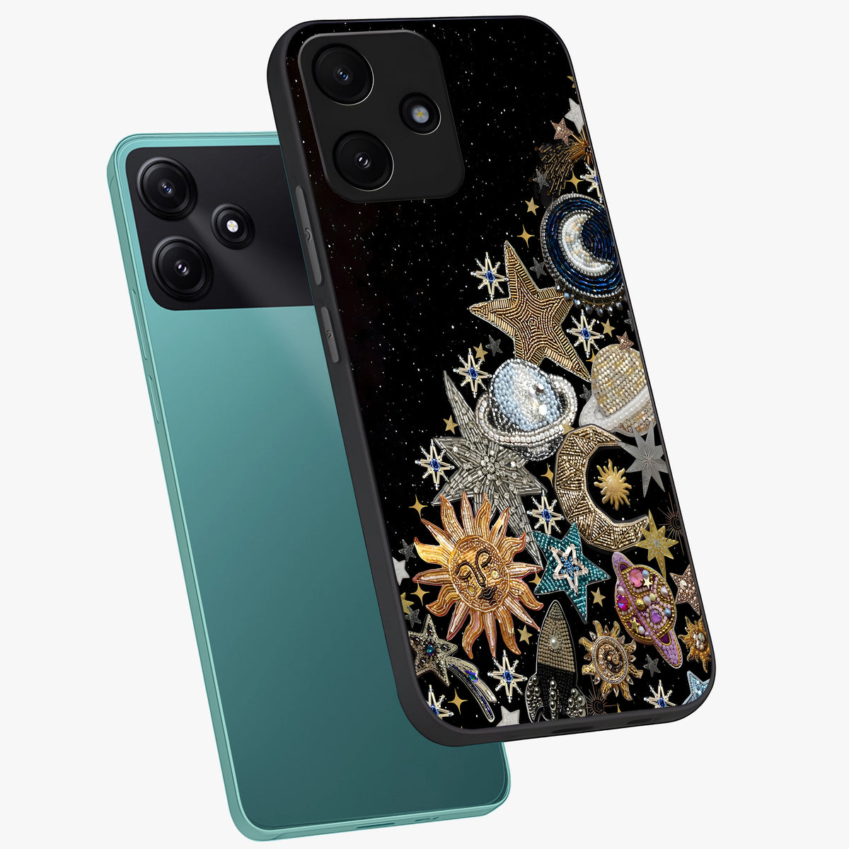 Cosmic Sparkle Dreams Glass Case displayed in angled mockup highlighting dreamy star sparkle design with celestial aesthetic.