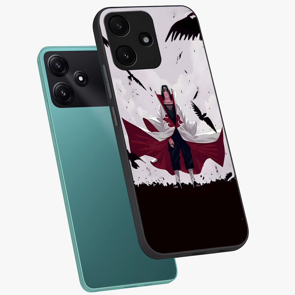 Crimson Crow Ascension Glass Case displayed in angled mockup highlighting powerful crow illustration with dark crimson aesthetic.